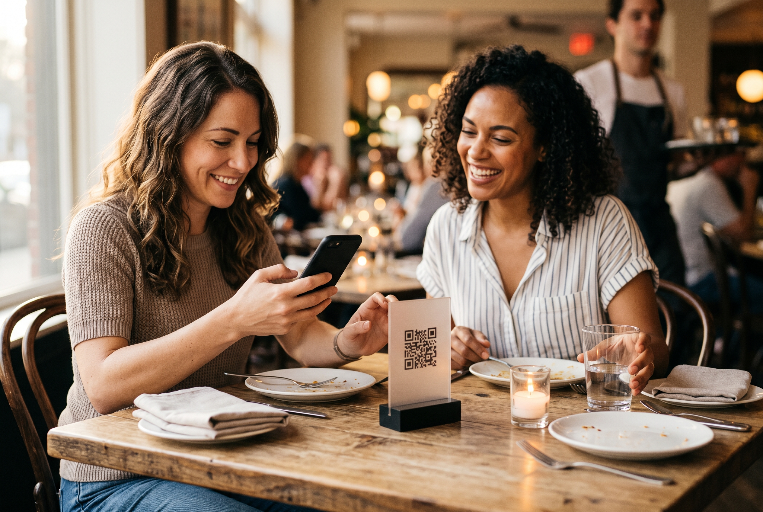 Two guests at a wooden bistro table settling the bill on a phone next to a table QR code stand, with a server in the background.