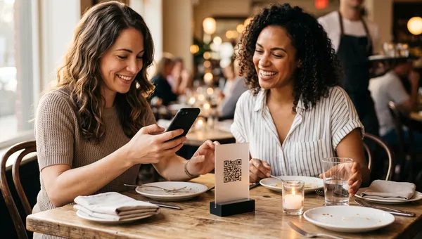 Two guests at a wooden bistro table settling the bill on a phone next to a table QR code stand, with a server in the background.