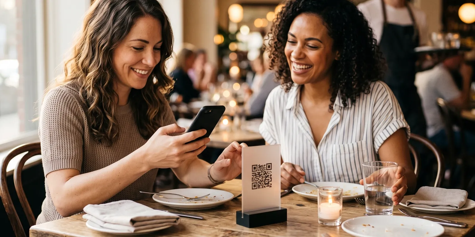 Two guests at a wooden bistro table settling the bill on a phone next to a table QR code stand, with a server in the background.