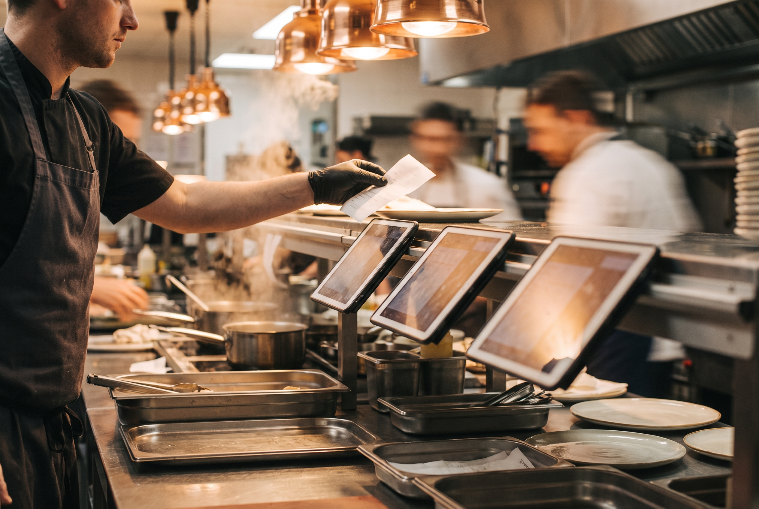 Tablets lined up along a restaurant kitchen pass during dinner service as a chef reaches across for a docket.