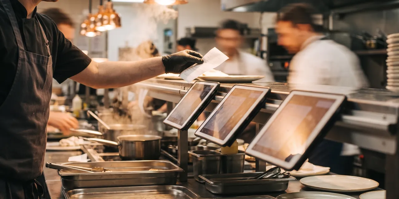 Tablets lined up along a restaurant kitchen pass during dinner service as a chef reaches across for a docket.