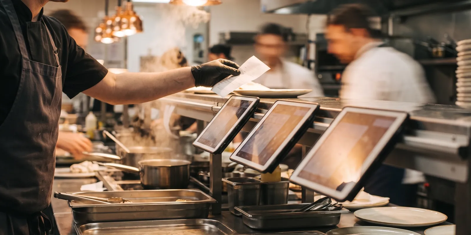 Tablets lined up along a restaurant kitchen pass during dinner service as a chef reaches across for a docket.