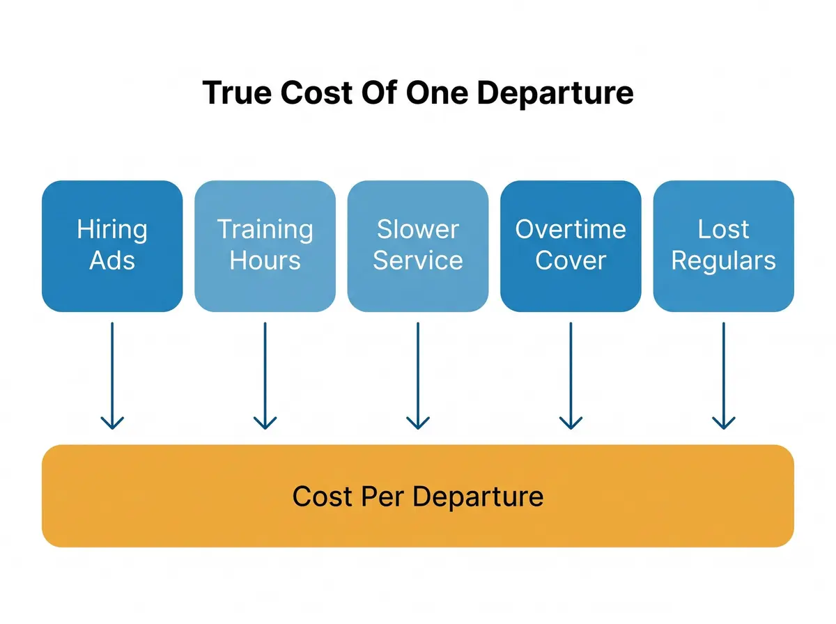 Diagram showing five stacked costs of restaurant staff turnover feeding into one cost per departure