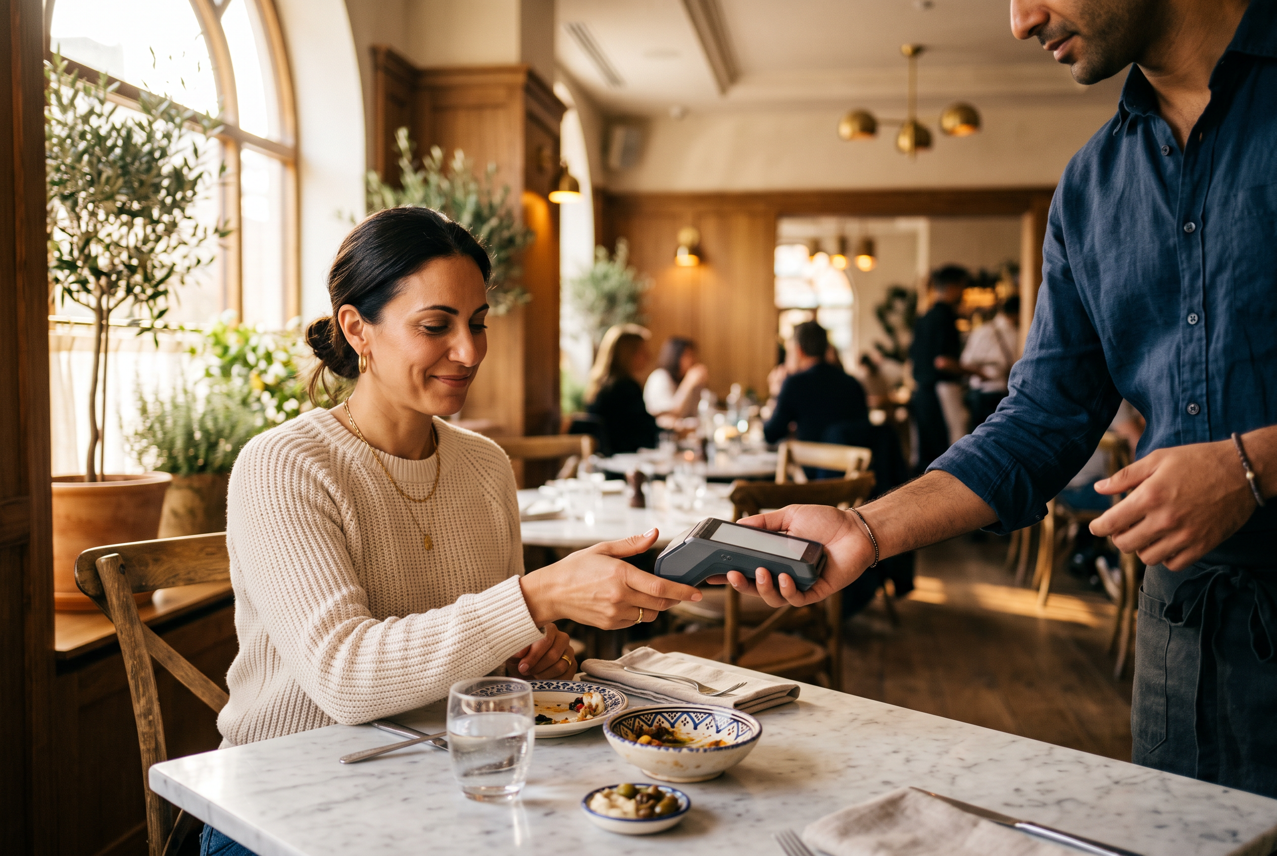 A server presenting a card payment terminal across a marble table in a warm upscale bistro