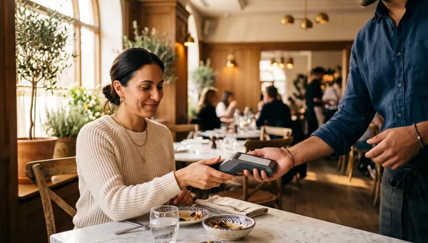 A server presenting a card payment terminal across a marble table in a warm upscale bistro