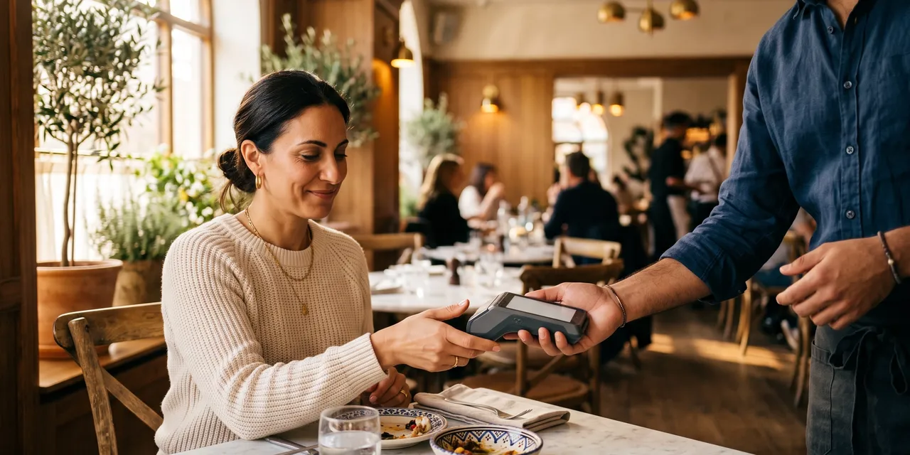 A server presenting a card payment terminal across a marble table in a warm upscale bistro