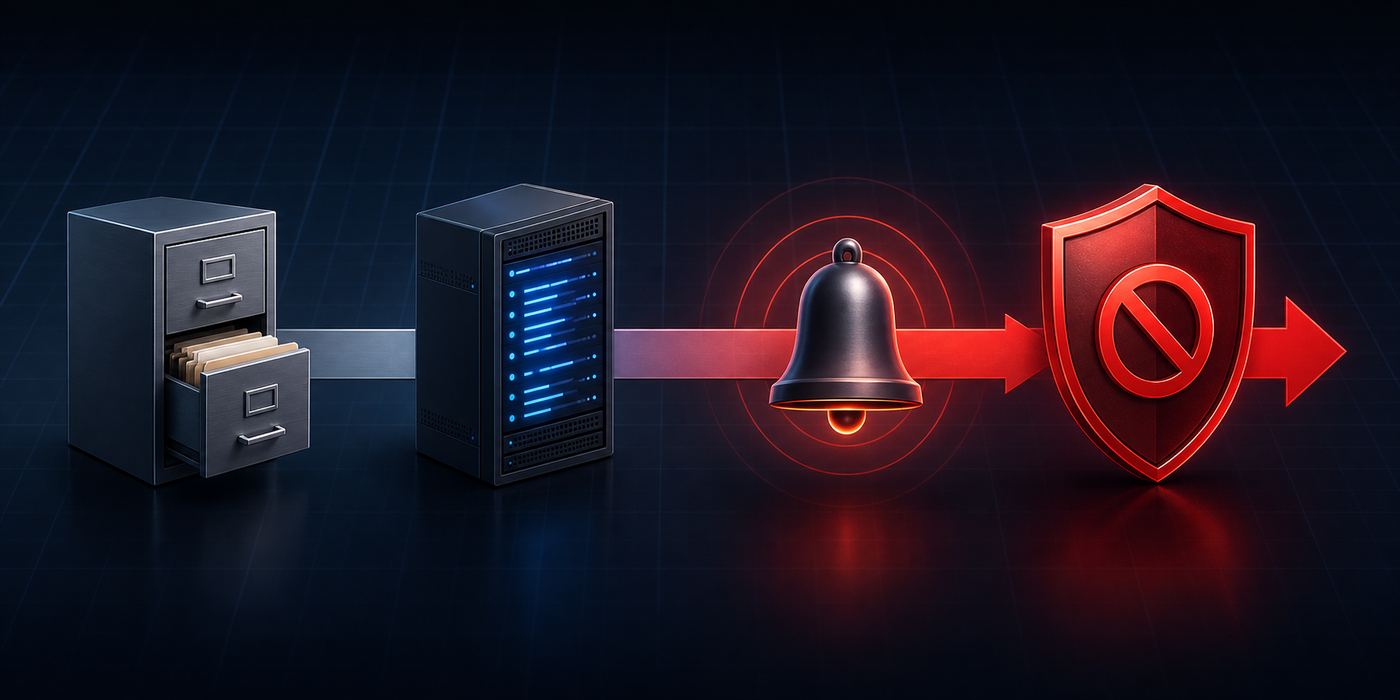 A clean, modern horizontal spectrum diagram showing four stages of AI system control: a filing cabinet representing documentation on the far left, then a server with glowing log lines representing logging, then a bell alert icon representing alerting, and finally a bold red shield with a stop symbol representing active blocking on the far right. The stages are connected by a gradient arrow flowing left to right from gray to deep red, with each stage visually distinct. Dark background with subtle blue grid lines, professional enterprise technology aesthetic, no text or labels anywhere in the image.