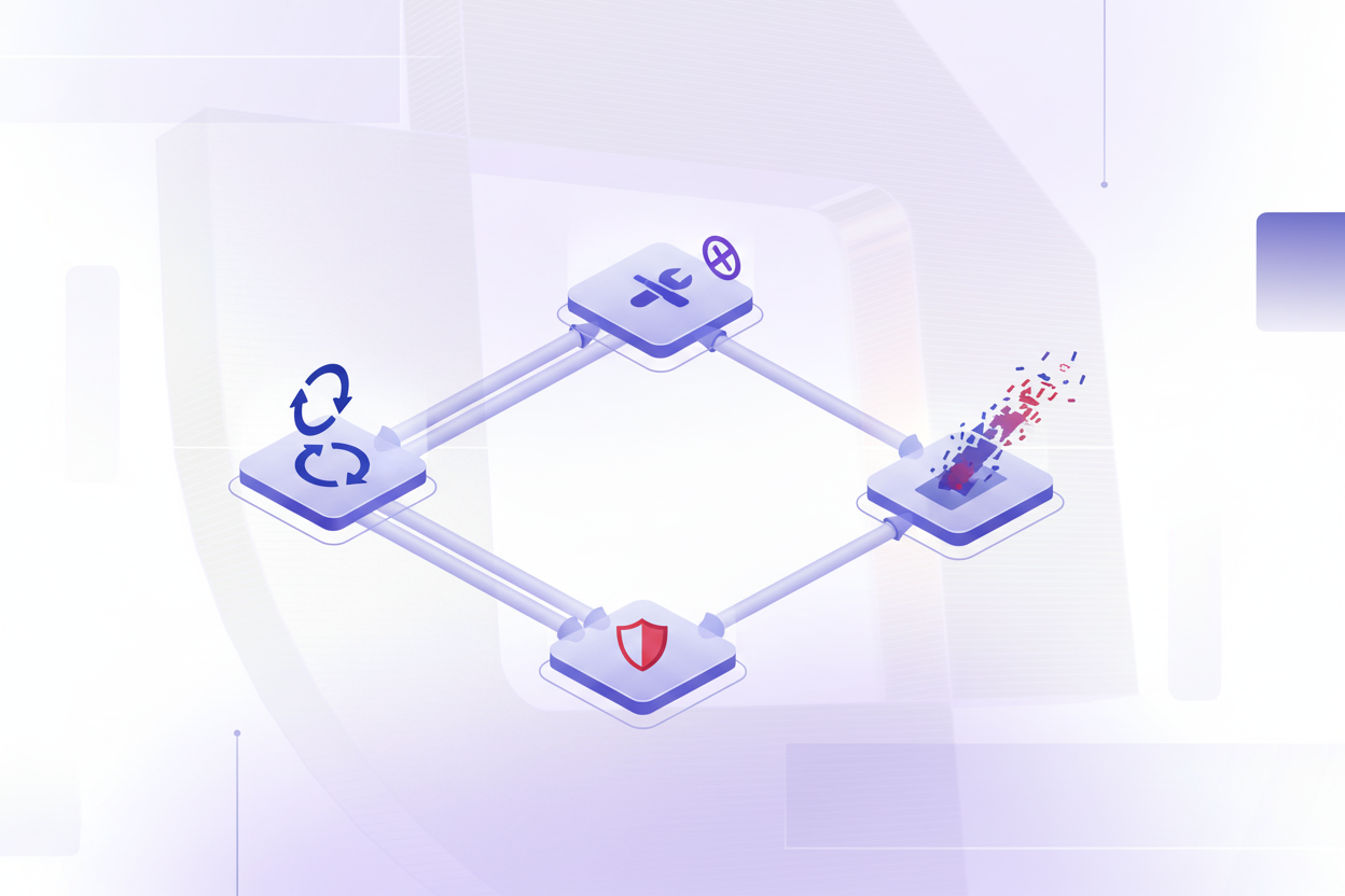 Abstract technical illustration showing AI agent failure scenarios in a system architecture diagram style. Visualize multiple interconnected nodes representing an AI agent system with visual indicators of different failure modes: circular arrows showing infinite loops, crossed-out tool icons representing selection errors, warning shields for security issues, and overflowing data streams for context overflow. Use a modern tech aesthetic with blues, purples, and reds to indicate problem areas. Isometric or flat design style, clean and professional.