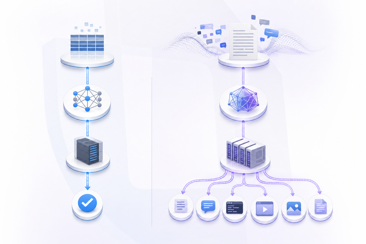 A technical diagram showing two parallel workflows side by side: on the left, a traditional machine learning pipeline with structured data flowing through model training and deployment with deterministic outputs; on the right, an LLM operations pipeline with unstructured text inputs, large language model processing, and multiple diverging output paths showing variability and unpredictability. The visual should emphasize the contrast between deterministic ML behavior and non-deterministic LLM behavior, using clean lines, modern tech aesthetic, and a professional color scheme with blues and grays. No text or labels.
