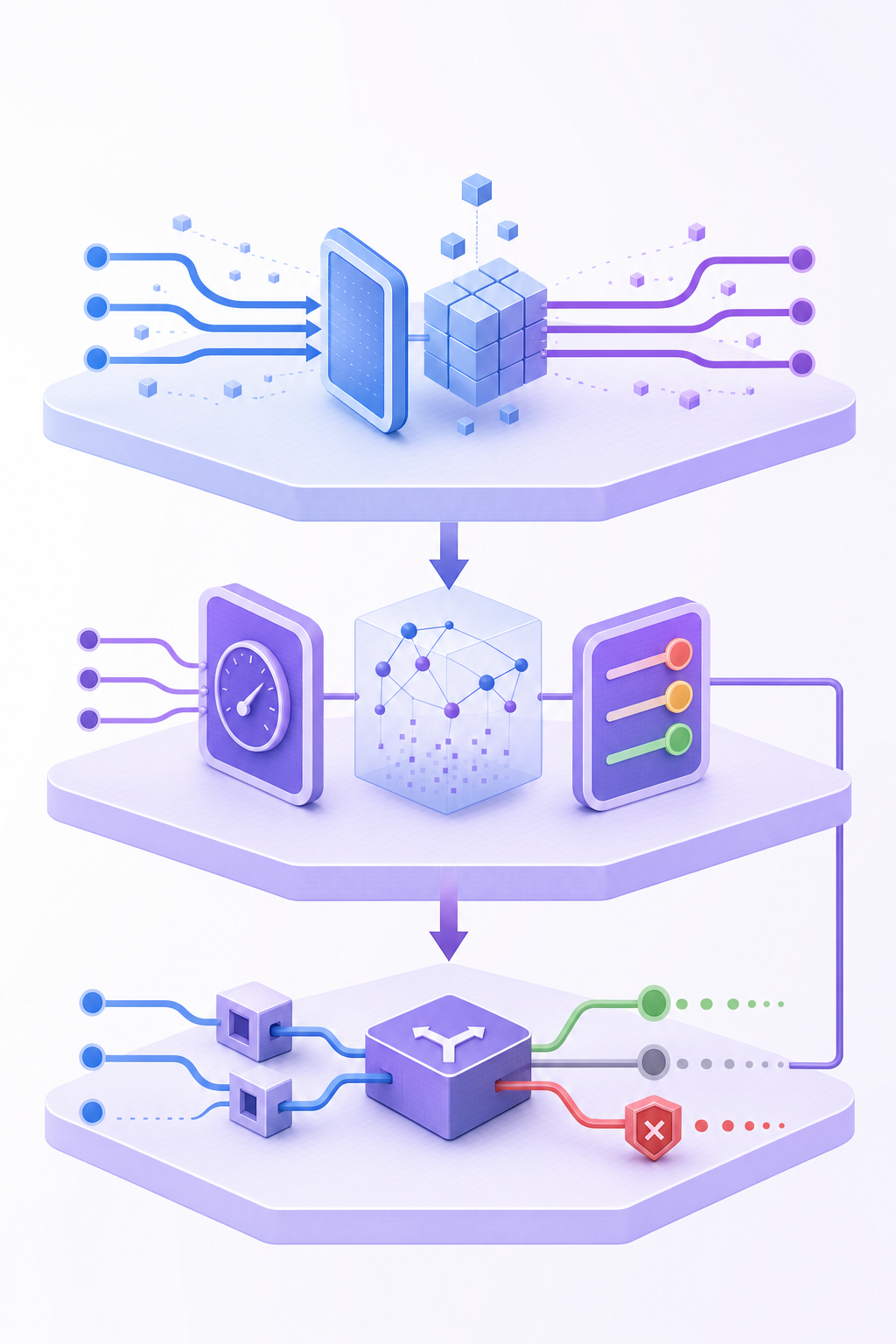 A technical architecture diagram showing three connected layers in a vertical flow: top layer shows data ingestion with streams of requests and responses flowing in, middle layer shows policy evaluation with scoring mechanisms and threshold checks, bottom layer shows enforcement with routing decisions and blocking actions. Use clean geometric shapes, arrows showing data flow between layers, modern tech aesthetic with blues and purples, isometric or flat design style. No text or labels.