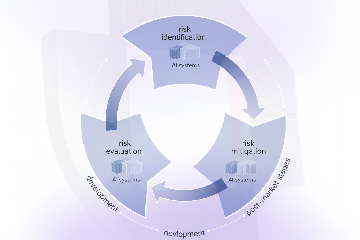 A sophisticated technical diagram showing a continuous circular lifecycle process with three interconnected phases: risk identification, risk evaluation, and risk mitigation. The design should feature clean geometric shapes, flowing arrows indicating iteration and feedback loops, and abstract representations of AI systems being monitored across development, deployment, and post-market stages. Use a modern, professional color palette with blues and grays. The style should be minimal, architectural, and enterprise-focused without any text labels.