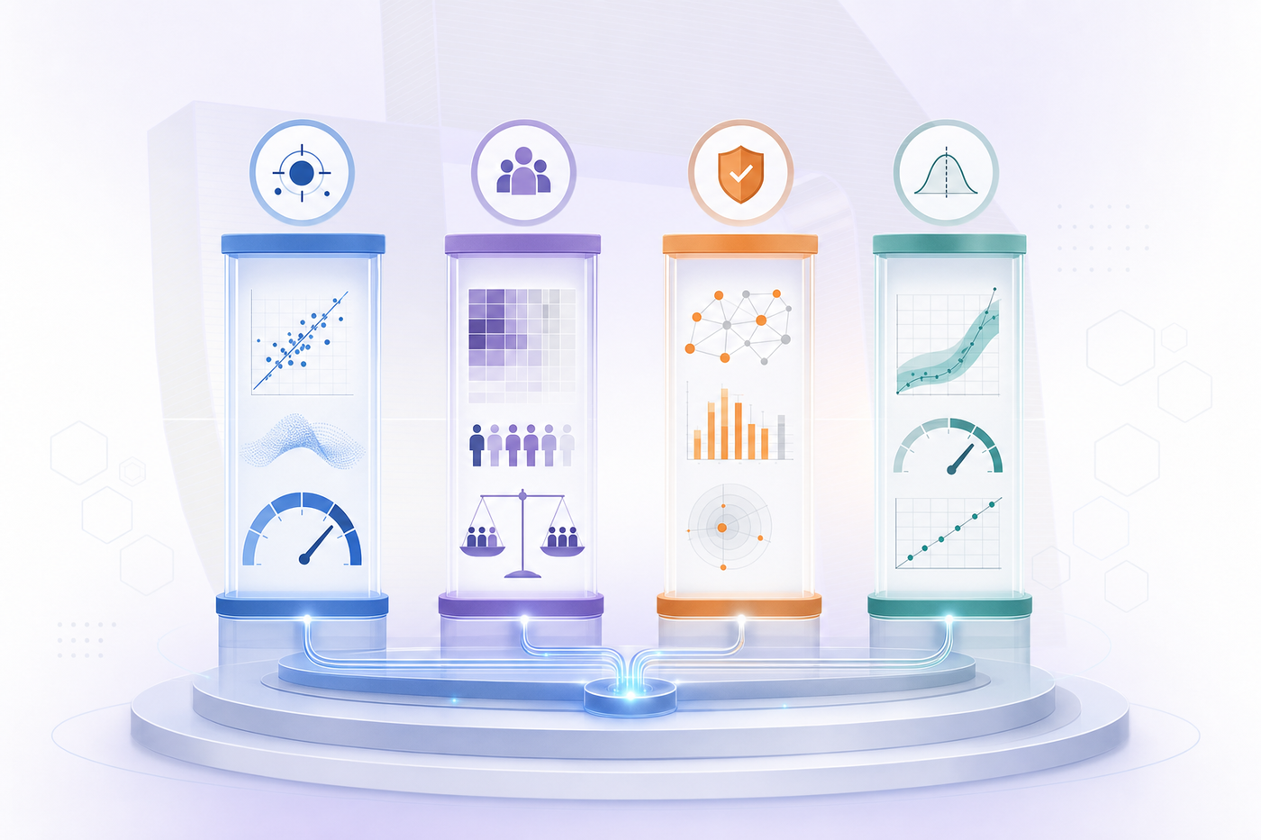 A professional diagram showing four interconnected evaluation pillars or columns representing AI system assessment categories: accuracy and groundedness, fairness and demographic parity, safety and toxicity monitoring, and calibration and confidence. Use a clean, technical style with abstract geometric shapes, measurement gauges, charts, and data visualization elements. Color palette should be professional blues, grays, and whites with accent colors distinguishing each pillar. No text, labels, or letters.