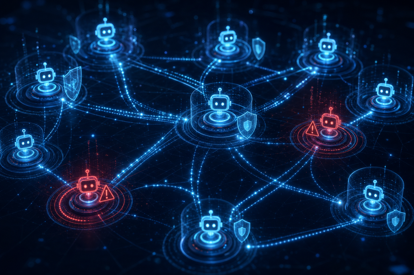 A dark, high-tech digital network visualization showing multiple interconnected AI agent nodes arranged in a web-like structure, with glowing data flows between them representing tool calls and API connections. Some nodes pulse with warning indicators, showing security boundaries being tested. Abstract shield icons and permission boundary rings surround certain nodes. Deep blue and cyan color palette with subtle red threat indicators, futuristic and technical aesthetic, no text or labels.