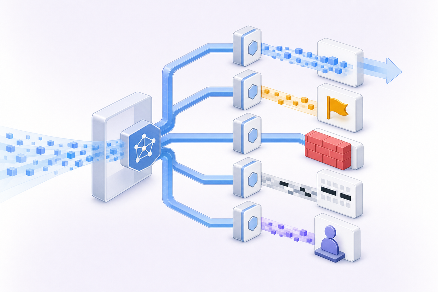 A clean technical flowchart showing five branching paths representing different enforcement decisions in an AI system. Each path shows a different action: one path allowing data to flow through freely, one showing a warning flag, one showing a complete block or barrier, one showing selective masking or redaction, and one showing routing to a human reviewer. Use a modern, minimal style with blue and gray tones, isometric perspective, geometric shapes representing data flow and decision gates.