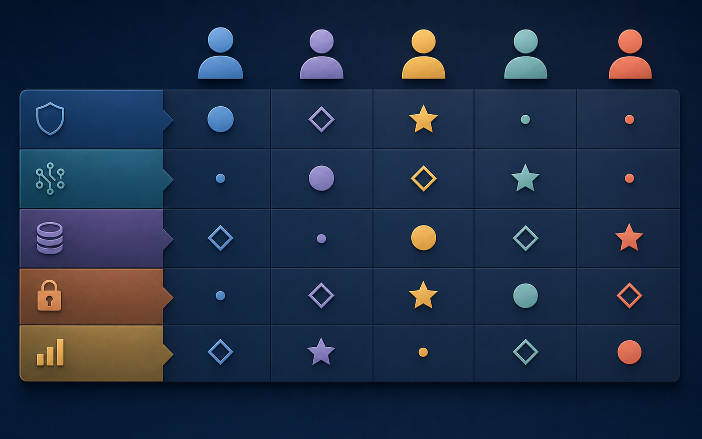 A cross-functional governance committee. Five horizontal rows represent different decision types, shown as labeled colored bands. Five vertical columns represent governance roles — each depicted as a minimalist icon of a person silhouette in a distinct color. At each intersection, a geometric shape indicates the role type: a filled circle for Responsible, a star for Accountable, a hollow diamond for Consulted, and a small dot for Informed. The overall layout is a precise grid.