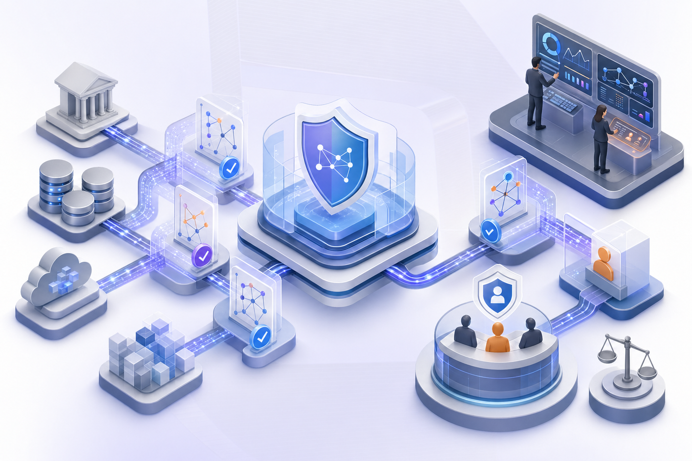 A modern, abstract illustration of AI governance and risk management in financial services. Show interconnected nodes and pathways representing data flow through a secure system, with layered security shields, monitoring dashboards, and oversight mechanisms. Use a clean, professional color palette with blues, grays, and subtle accent colors. The composition should convey structure, control, and systematic oversight of AI systems. Include visual elements suggesting compliance checkpoints, data validation stages, and human oversight controls in an enterprise technology environment. No text, words, or letters.