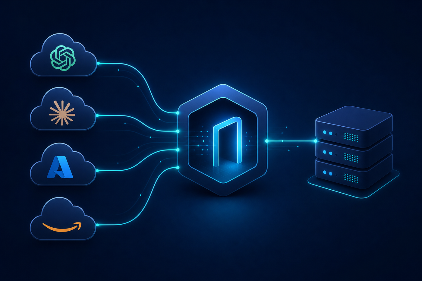 A clean technical architecture diagram showing a central gateway node connected to multiple cloud provider icons on one side (representing LLMs like OpenAI, Anthropic, Azure, AWS) and an application server on the other side, with routing arrows flowing through the gateway, depicted in a modern dark-blue and teal color scheme with glowing connection lines, no text or labels