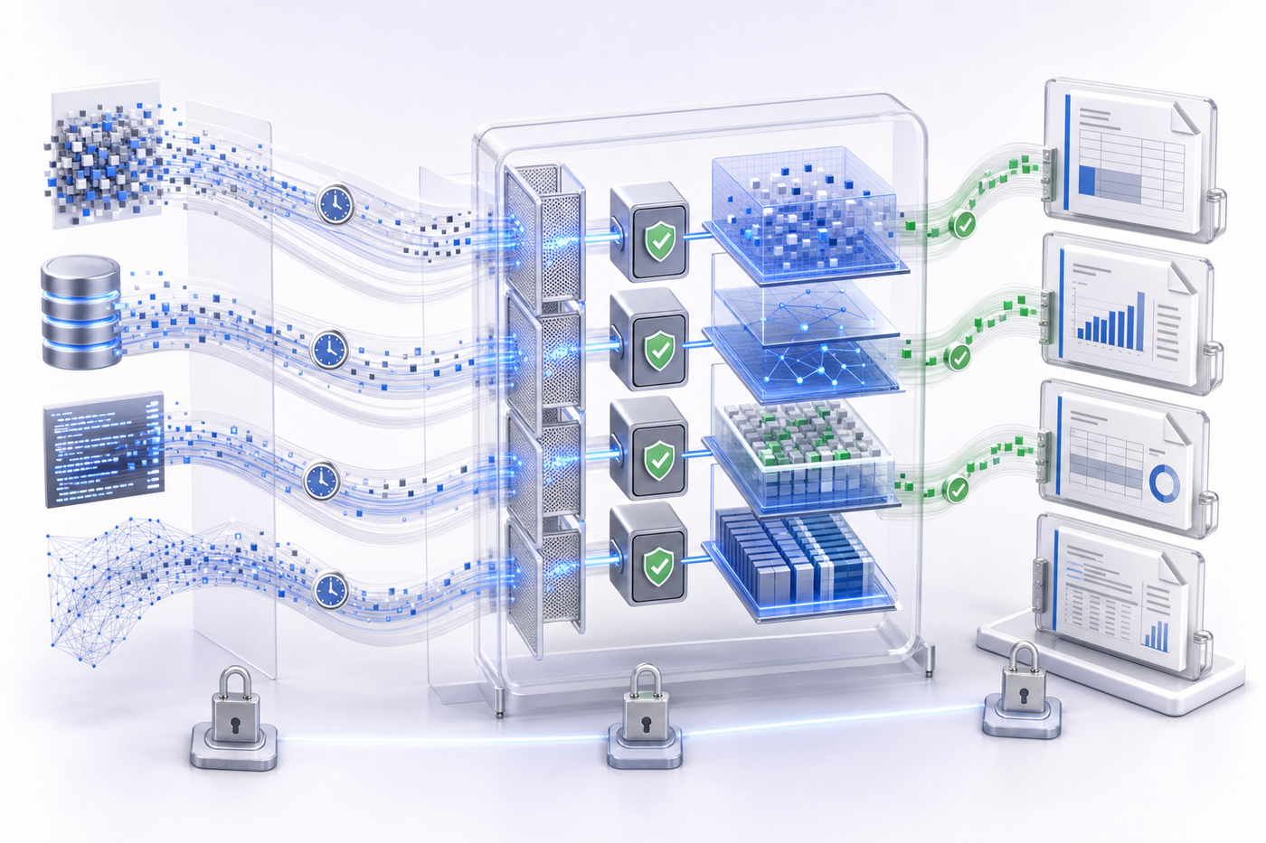 A technical workflow diagram showing the transformation of raw data into compliance documentation. Show a flow from left to right with three stages: on the left, abstract data streams and technical logs represented by flowing lines and data points; in the center, a processing system with filters, validation checks, and transformation layers; on the right, clean structured documents and reports ready for audit. Use a professional color scheme with blues, grays, and green accent colors for approved/validated items. The style should be clean, modern, and architectural - like a data pipeline diagram rendered in 3D perspective. Include visual metaphors for immutability (locked elements), timestamps (clock icons integrated into data flows), and structured formatting (organized grids and tables emerging from chaotic data).