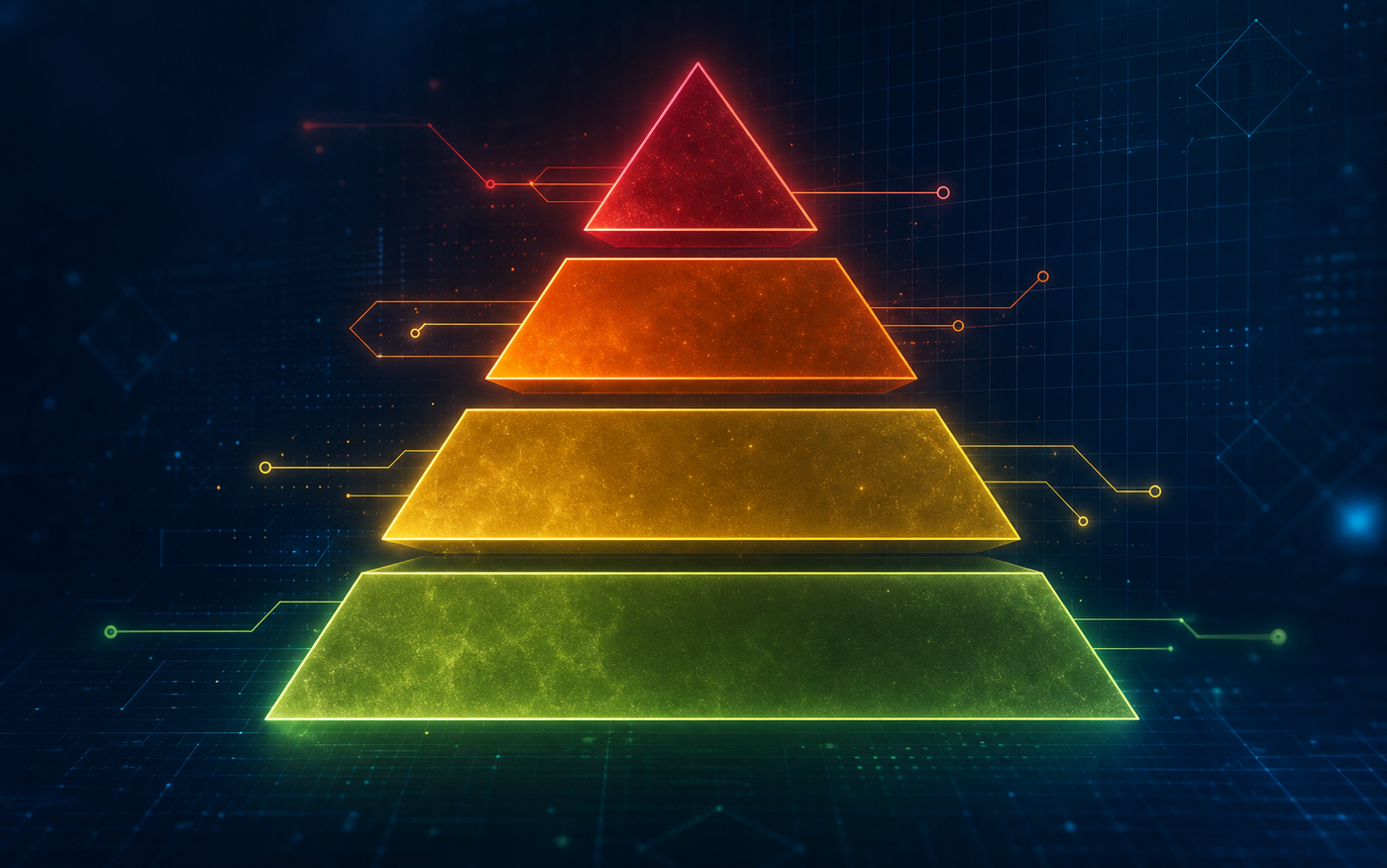 A clean, modern infographic-style illustration showing four stacked horizontal tiers forming a pyramid or layered structure, representing a risk classification hierarchy. The top tier is deep red, the second tier is orange, the third tier is yellow, and the bottom tier is light green. Each tier is wider than the one above it.