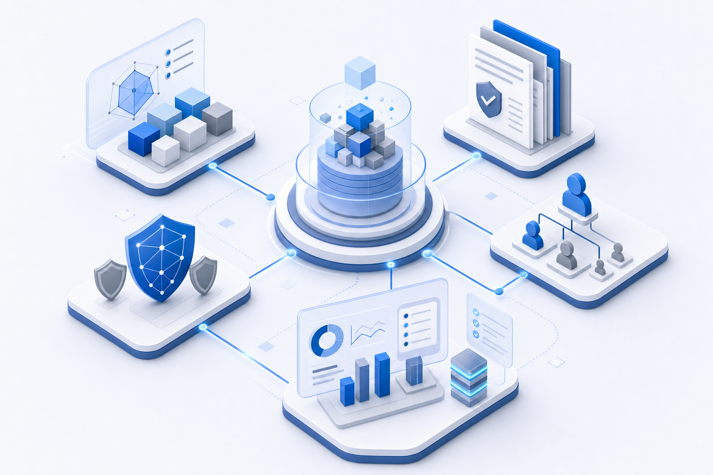 A clean, modern technical diagram showing interconnected components of an AI governance system: a central registry or inventory hub connected to risk assessment modules, policy standards documentation, accountability org chart structure, technical control shields, and monitoring dashboard with audit trails. Use a professional color palette with blues and grays, isometric or flat design style, no text or labels, abstract geometric shapes representing each component with connecting lines showing relationships