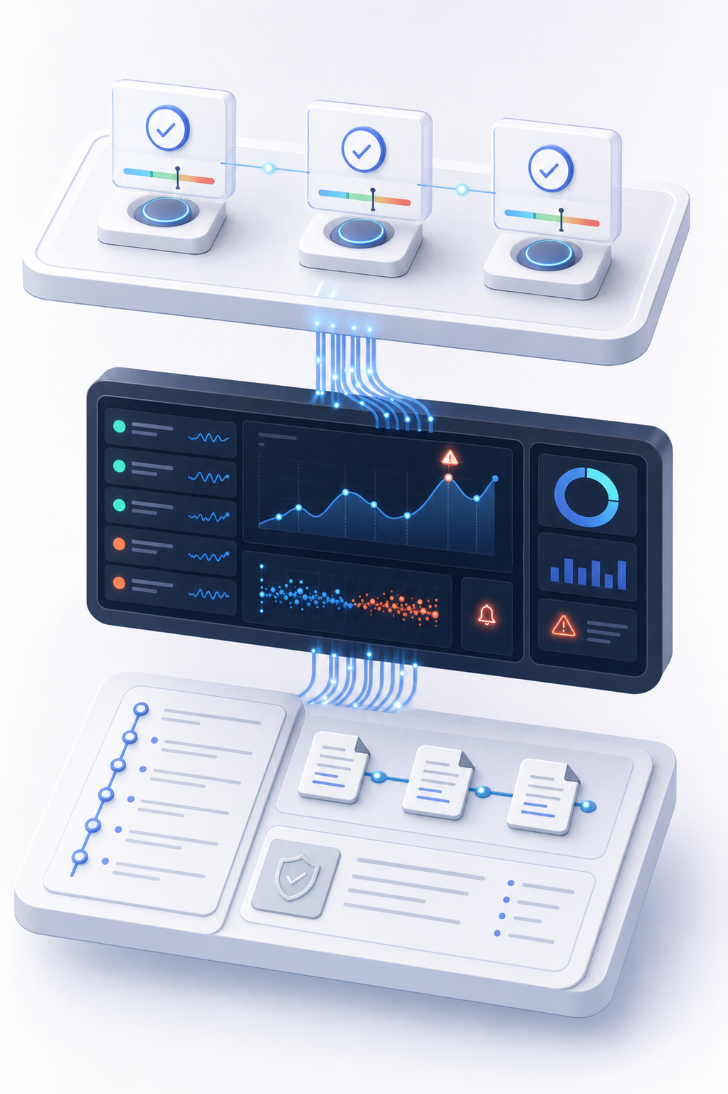 A technical diagram showing three connected monitoring layers in a vertical flow. Top layer shows testing gates with checkmarks and threshold indicators (accuracy, fairness, safety metrics). Middle layer shows real-time monitoring dashboard with live data streams, alert indicators, and behavioral drift detection graphs. Bottom layer shows audit trail documentation with timestamped logs and evidence chains. Use a modern, clean design with blue and gray tones, connected by flowing data lines. Isometric or semi-isometric perspective, professional enterprise software aesthetic, minimal style.