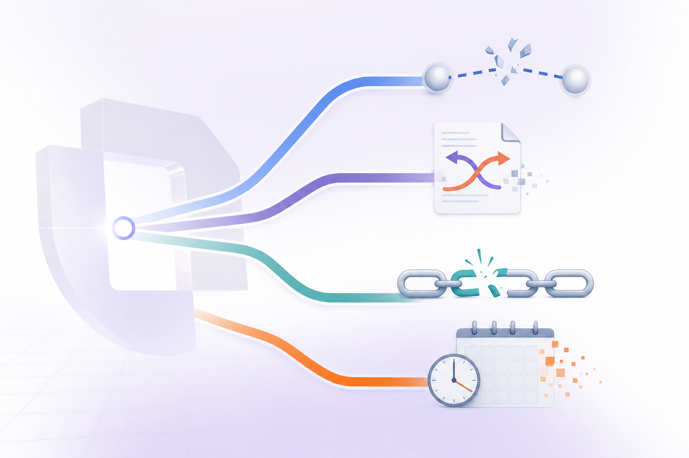 A clean, technical diagram showing four distinct pathways or branches representing different types of AI system failures. Each pathway should have a unique visual metaphor: one showing a broken factual connection, one showing a document with contradictory arrows, one showing a logical chain with a broken link, and one showing a calendar or clock with outdated information. Use a modern, professional color palette with blues, grays, and accent colors. The style should be minimalist and technical, suitable for an enterprise AI documentation guide. No text or labels.