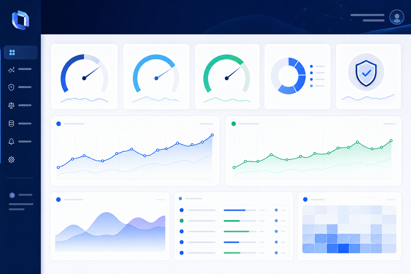 A modern, clean dashboard interface showing AI model monitoring for financial services, with multiple panels displaying risk metrics, fairness indicators, and compliance status indicators. The scene should show abstract data visualizations including line graphs trending upward and downward, circular gauge charts, and status indicators in blue and green tones. The overall aesthetic should be professional, corporate, and technology-focused with a dark blue and white color scheme representing financial services industry standards. No text or labels should be visible.
