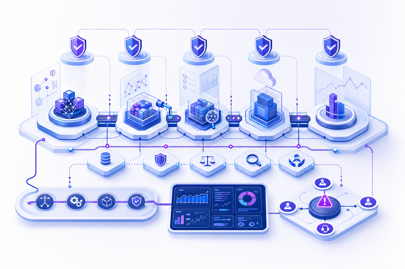 A professional technical diagram showing an AI model lifecycle pipeline with integrated governance controls. Visualize development, testing, deployment, and production monitoring stages as connected nodes or flow segments. Show automated gates, guardrails, and monitoring checkpoints at each stage. Include visual representations of: CI/CD pipeline integration, pre-deployment evaluation gates, continuous monitoring dashboards, and incident response workflows. Modern enterprise software aesthetic with blue and purple gradient colors. Isometric or technical schematic style. Clean, structured layout showing how controls embed into the workflow. No text or letters.