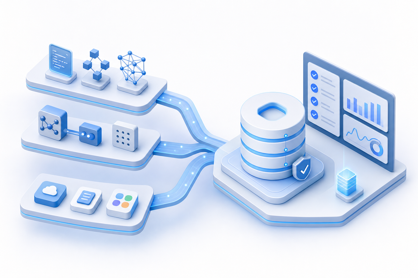 A clean technical diagram showing three parallel pathways converging into a central registry system. The first pathway shows data science icons (code, neural network symbols) representing model development. The second pathway shows product team icons (API connections, integration points). The third pathway shows business unit icons (SaaS tools, productivity apps). All three pathways flow into a central organized inventory database with checkmarks and monitoring indicators. Use a modern, minimal style with blue and gray tones, isometric perspective, professional enterprise software aesthetic. No text or letters.