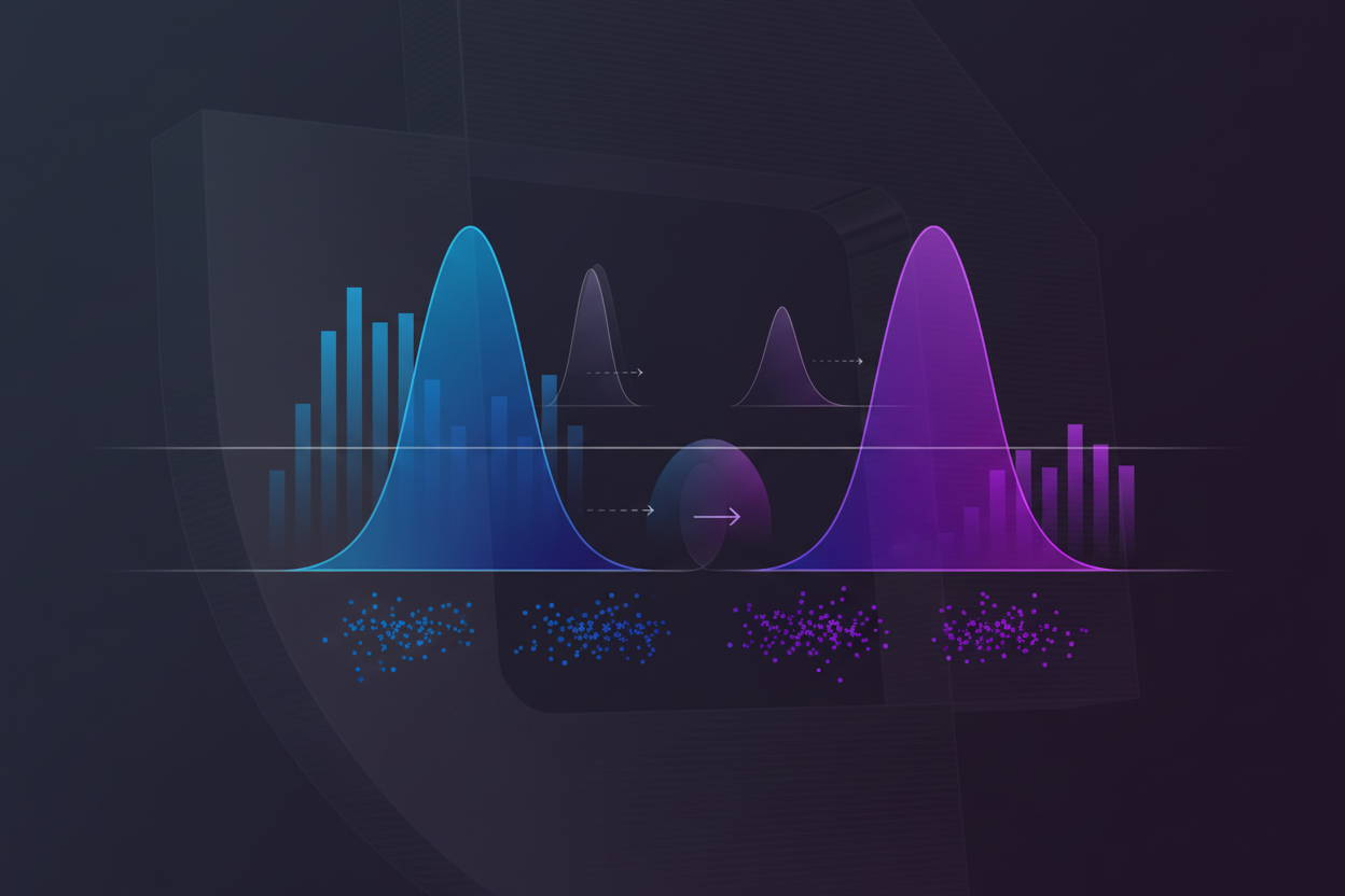 Technical visualization showing statistical drift detection in machine learning. Display overlapping probability distribution curves shifting over time, with one curve representing baseline training data in blue and another curve representing production data in purple gradually diverging. Include visual elements suggesting statistical comparison like distribution histograms, probability density functions, and cumulative distribution curves. Show data points clustering differently between two time periods. Modern, clean technical illustration style with gradients, transparency effects, and a dark background. Abstract and professional, emphasizing the mathematical concept of distribution divergence.