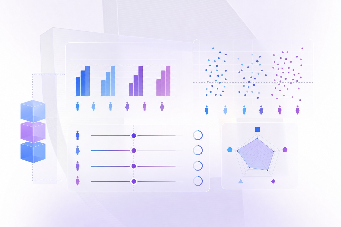 A modern, clean data analysis visualization showing multiple demographic groups being evaluated for fairness in machine learning. Display abstract charts with bar graphs comparing different groups, scatter plots showing data distribution across populations, and visual indicators of balanced outcomes. Use a professional tech aesthetic with blue and purple gradients, grid lines, and geometric shapes representing data points across different demographic categories. No text or letters.