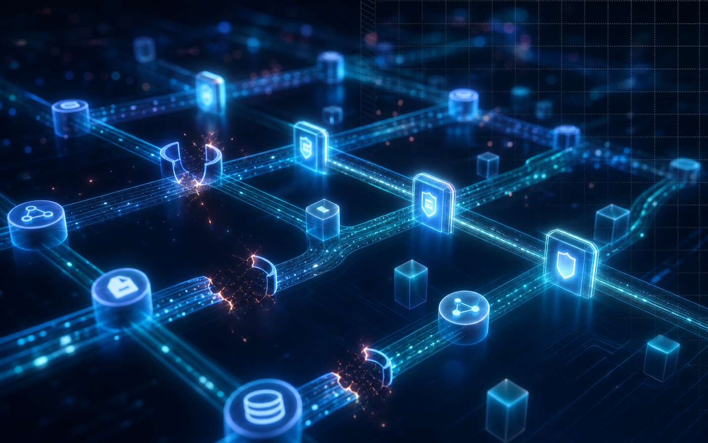 Abstract enterprise technology illustration showing autonomous AI agents operating across a multi-step workflow pipeline. Multiple interconnected nodes and pathways in dark navy and electric blue, with glowing data streams flowing between them at high speed. Some pathways have open circuit breaks representing missing governance checkpoints, while others show sealed, glowing approval gates blocking certain flows. Geometric shapes symbolizing tool calls, database writes, and API connections cascade through the network. No human figures visible — pure abstract system architecture with a sense of autonomous motion and speed. Professional, dark background with subtle blue and teal gradients.