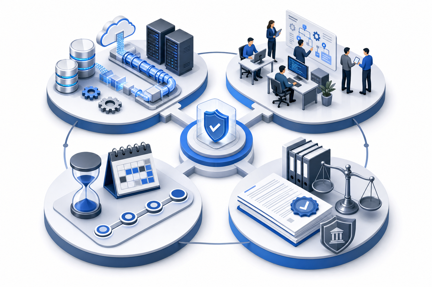 A professional infographic-style illustration showing cost breakdown and resource allocation for enterprise AI governance infrastructure. Display four distinct visual elements representing: engineering and infrastructure costs with data pipeline symbols and server icons, staffing and maintenance with silhouettes of technical team members, a timeline showing 12-18 month development cycle with calendar or hourglass elements, and regulatory compliance documents with legal framework symbols. Use a clean business diagram style with blue and gray tones, isometric perspective, organized in a circular or quadrant layout showing interconnected cost categories.