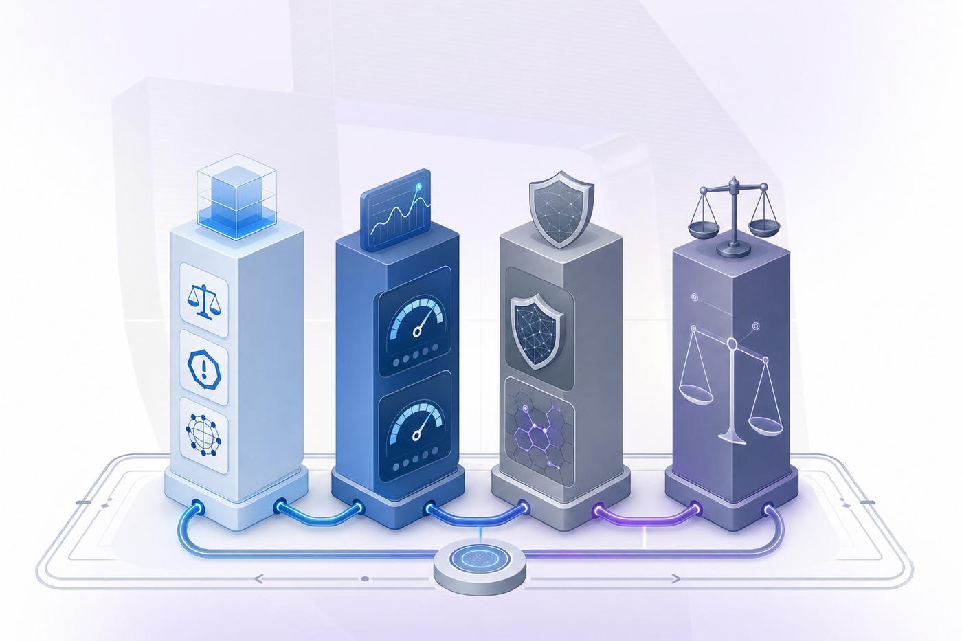 A clean, modern technical diagram showing four interconnected pillars or columns representing different dimensions of AI evaluation: quality metrics (bias, toxicity, groundedness), performance monitoring (latency, throughput gauges), security shields (prompt injection defense), and fairness balance scales. Use a professional color palette with blues, grays, and subtle accents. Isometric or flat design style with abstract geometric shapes, connecting lines showing continuous monitoring flow, no text or labels, technical but approachable aesthetic