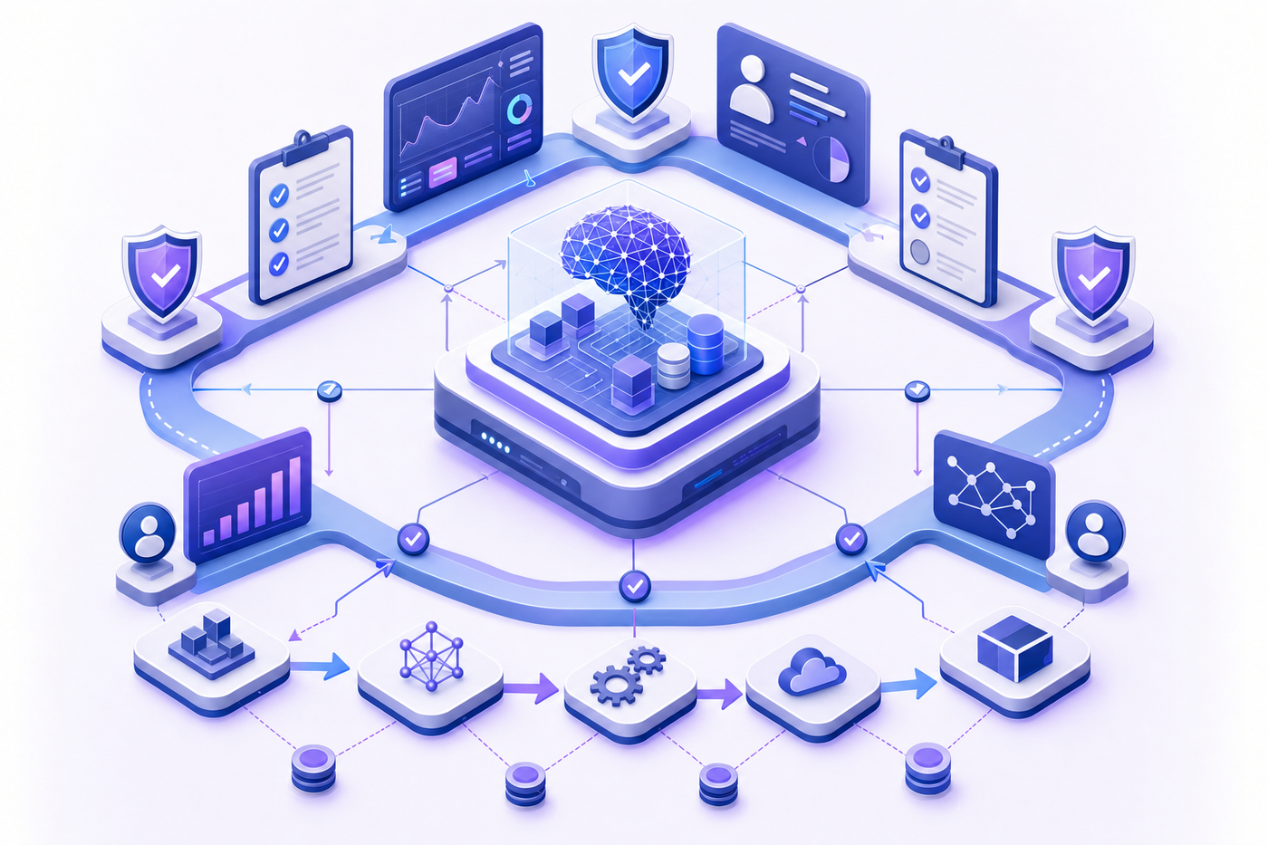 A clean, technical diagram showing AI governance architecture with interconnected layers: AI models and systems at the center, surrounded by monitoring dashboards, policy frameworks, compliance checkpoints, and security shields. Modern, professional style with blue and purple gradients, isometric perspective, showing data flows and control points across the AI lifecycle from development to production deployment.