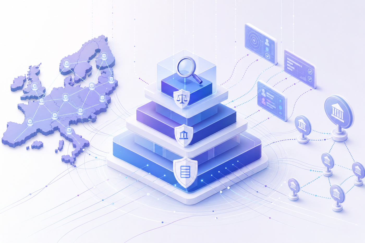 A professional abstract illustration showing regulatory enforcement and compliance penalties. Visualize a layered structure with escalating levels representing different penalty tiers - subtle geometric shapes in blues and purples showing increasing scales of enforcement. Include abstract representations of European member states as interconnected nodes with monitoring symbols. Show data flows and surveillance patterns across a network grid. Modern, clean technical style with a light background, emphasizing oversight, accountability, and multi-jurisdictional regulatory framework without any text or numbers.