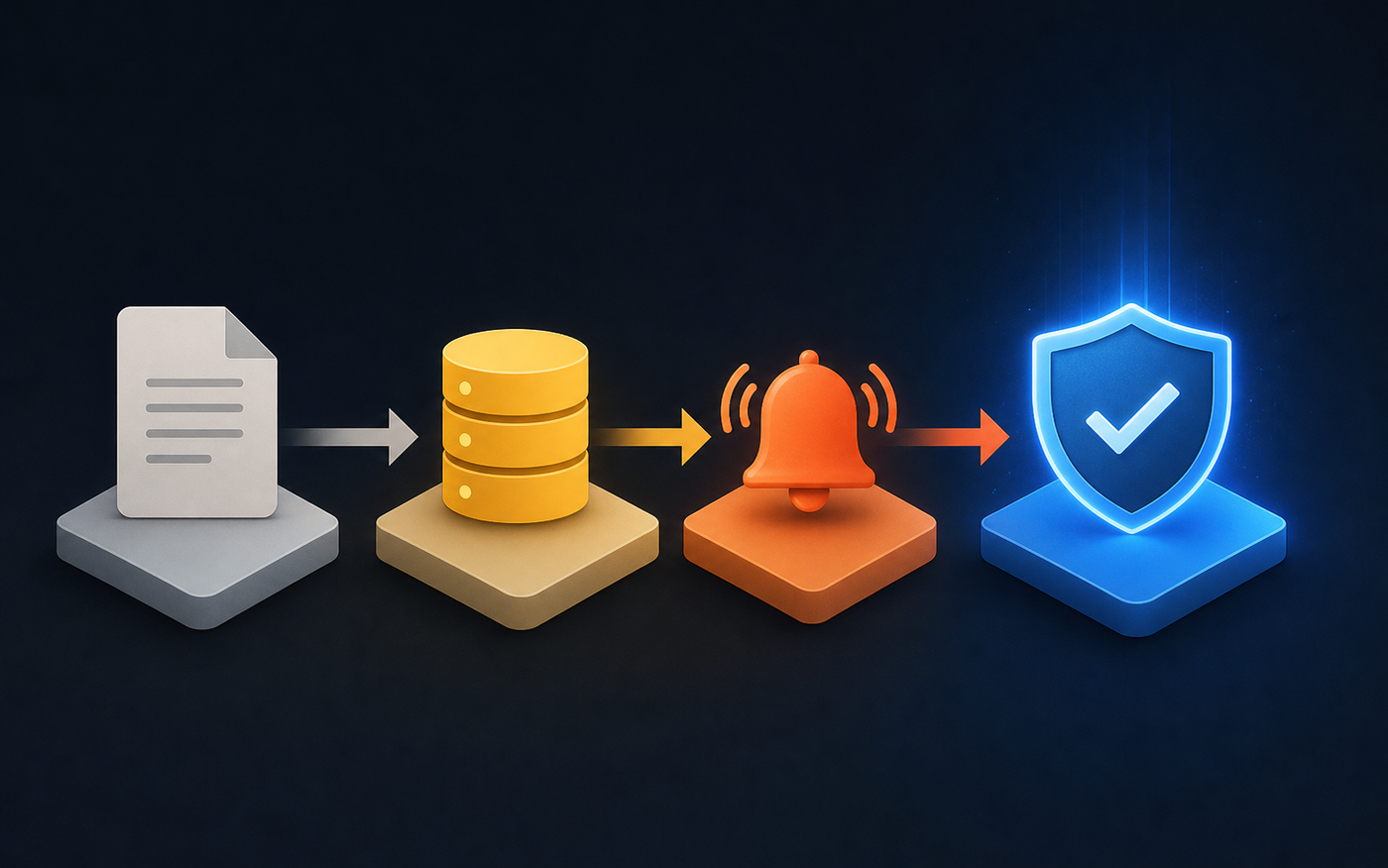 A horizontal spectrum diagram showing four stages of control enforcement from left to right: a paper document icon, a database log icon, a bell alert icon, and a shield with a checkmark blocking icon. The stages progress from weak to strong, with a gradient color shift from light gray on the left through yellow and orange to deep blue on the right. Each stage sits on a clean platform with a directional arrow connecting them. The rightmost shield stage glows with a stronger color indicating it is the only true enforcement point. Flat modern illustration style, dark background, minimalist icons, no decorative elements.