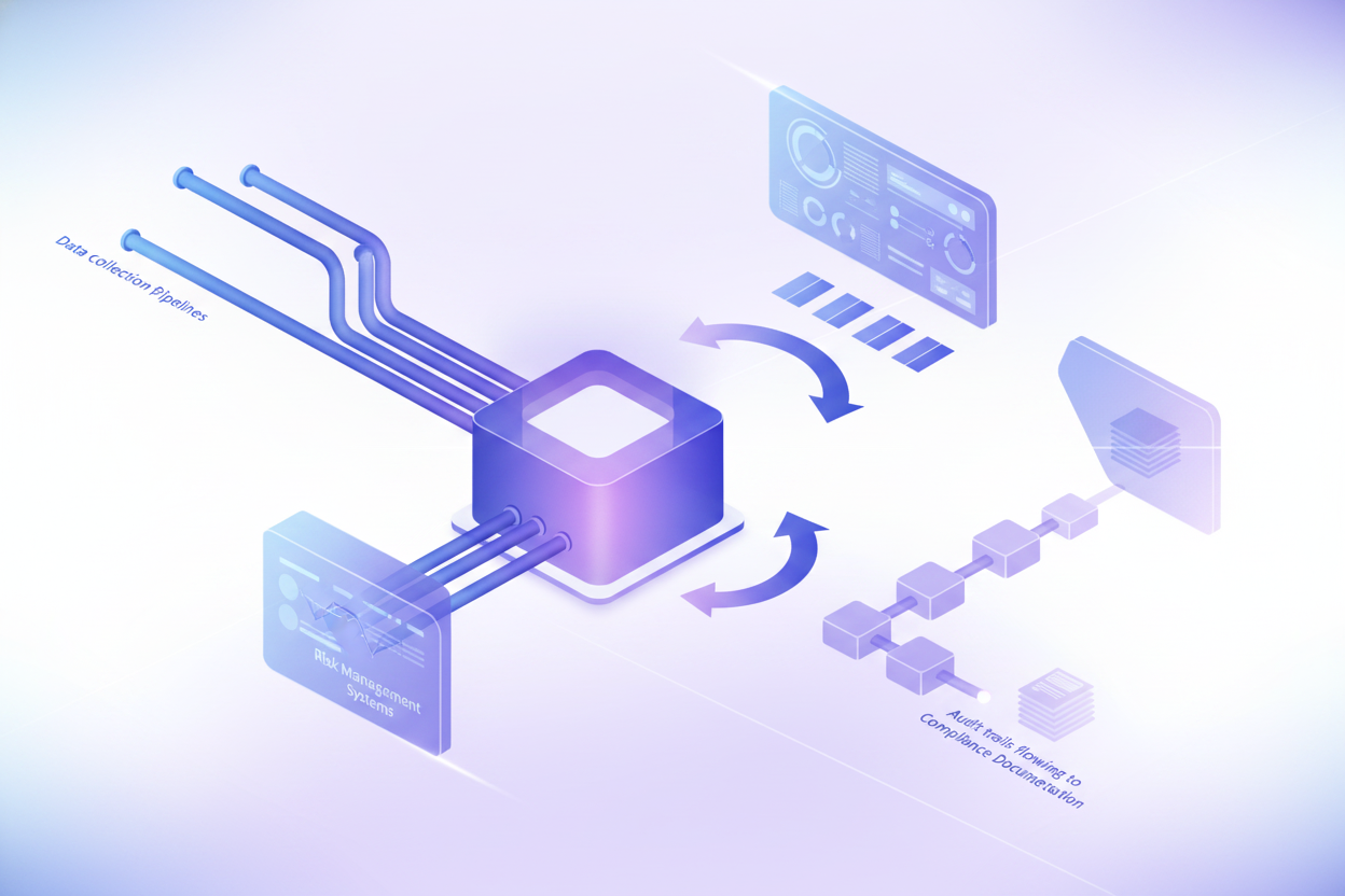 A sophisticated technical diagram showing an AI monitoring system architecture with interconnected components: data collection pipelines flowing into a central monitoring hub, performance analysis dashboards with metrics and graphs, feedback loops connecting back to risk management systems, and audit trails flowing to compliance documentation. Clean, modern, professional style with blue and purple gradients. Isometric perspective showing the flow of data through the monitoring infrastructure.