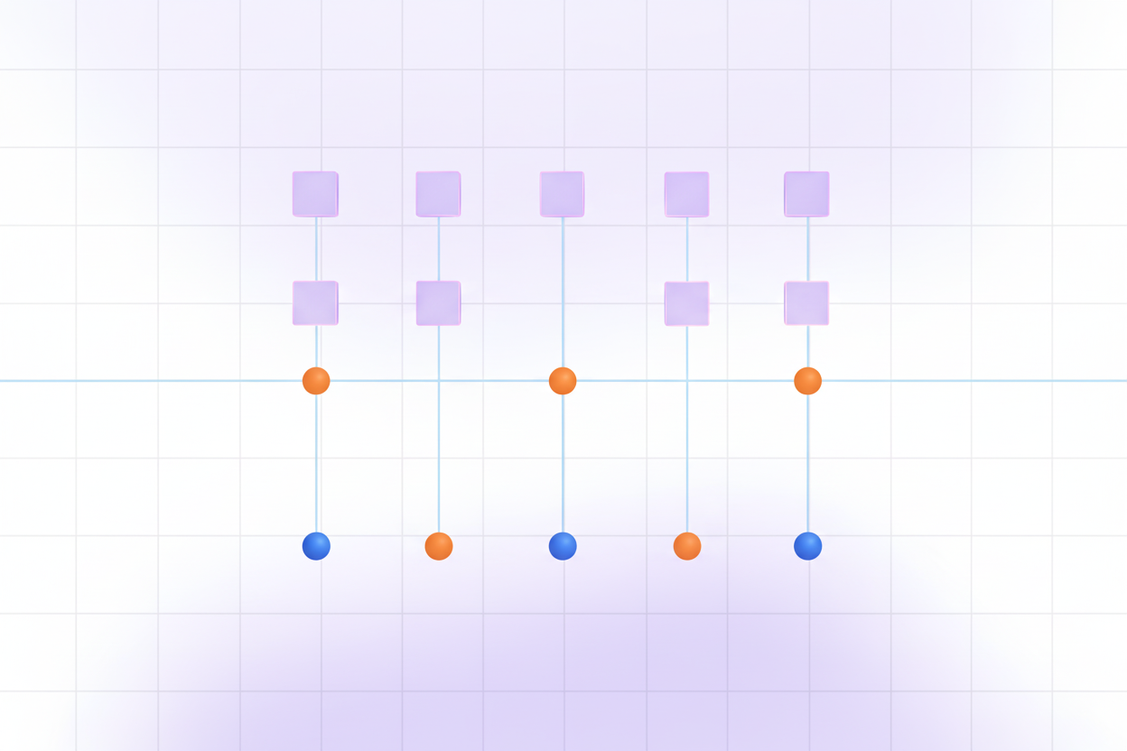 A clean, technical diagram showing the RMSE calculation process with data points plotted on a graph. Show actual values as blue dots and predicted values as orange dots connected by vertical error lines. Include a visual representation of squared residuals as small squares floating above the error lines, symbolizing the mathematical squaring operation. Use a minimalist, professional style with a light background, grid lines, and a modern data visualization aesthetic.