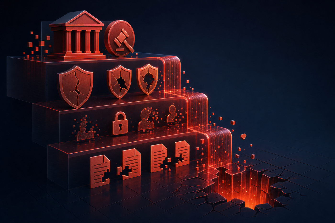 A conceptual illustration showing layers of organizational risk and compliance exposure, with visual metaphors for regulatory penalties, data security breaches, and audit gaps. The image should depict stacked or cascading risk elements in deep reds and oranges, representing accumulating liability over time, with security shield icons showing cracks or gaps, and audit document symbols with missing sections. Professional, modern business illustration style with clean geometric shapes and a dark background with accent lighting.