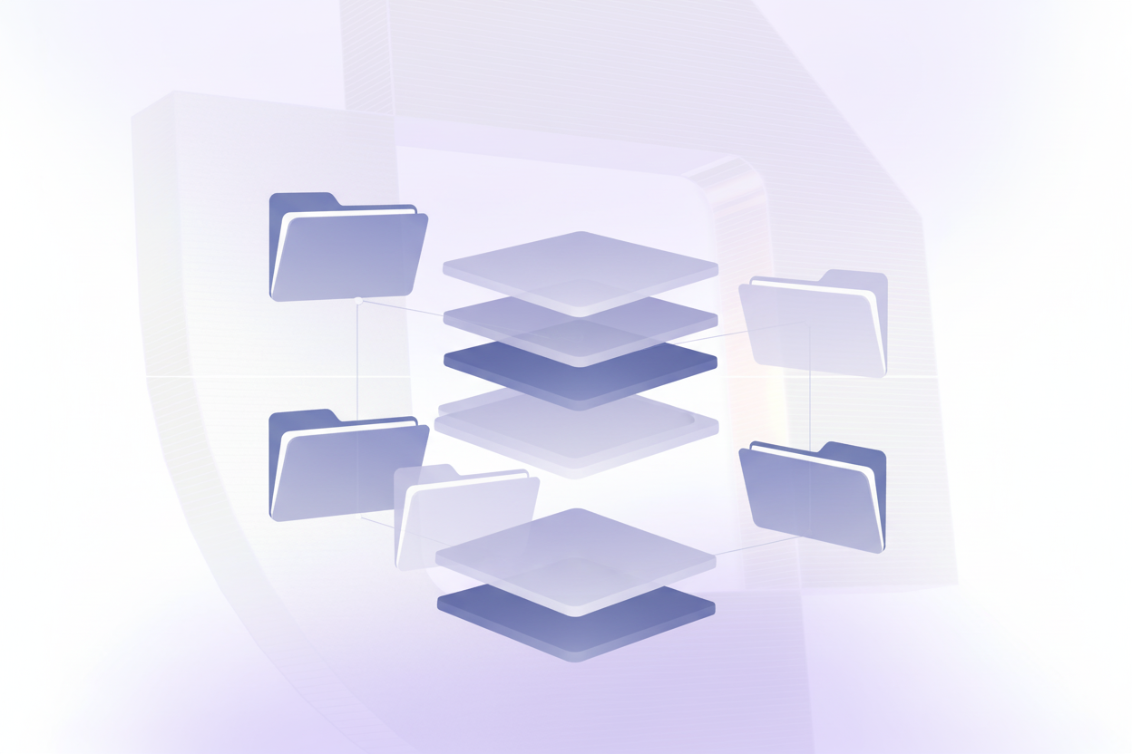 A clean, modern technical diagram showing nine interconnected documentation layers or modules stacked in a structured framework, representing AI compliance documentation requirements. Use a professional color palette with blues and grays. The visual should convey organization, structure, and systematic compliance through geometric shapes like folders, documents, or modular blocks arranged in a clear hierarchy. No text, letters, or words should appear in the image. Style should be minimalist and enterprise-appropriate, similar to technical architecture diagrams.