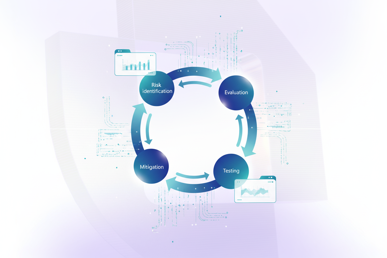 A technical diagram showing a continuous cyclical system with interconnected nodes representing risk identification, evaluation, mitigation, and testing. Modern, clean illustration style with a color palette of deep blues and teals. Abstract representation of AI system monitoring with flowing data streams, feedback loops, and monitoring dashboards. Professional, enterprise-grade aesthetic with geometric shapes and smooth gradients suggesting automation and real-time processes.