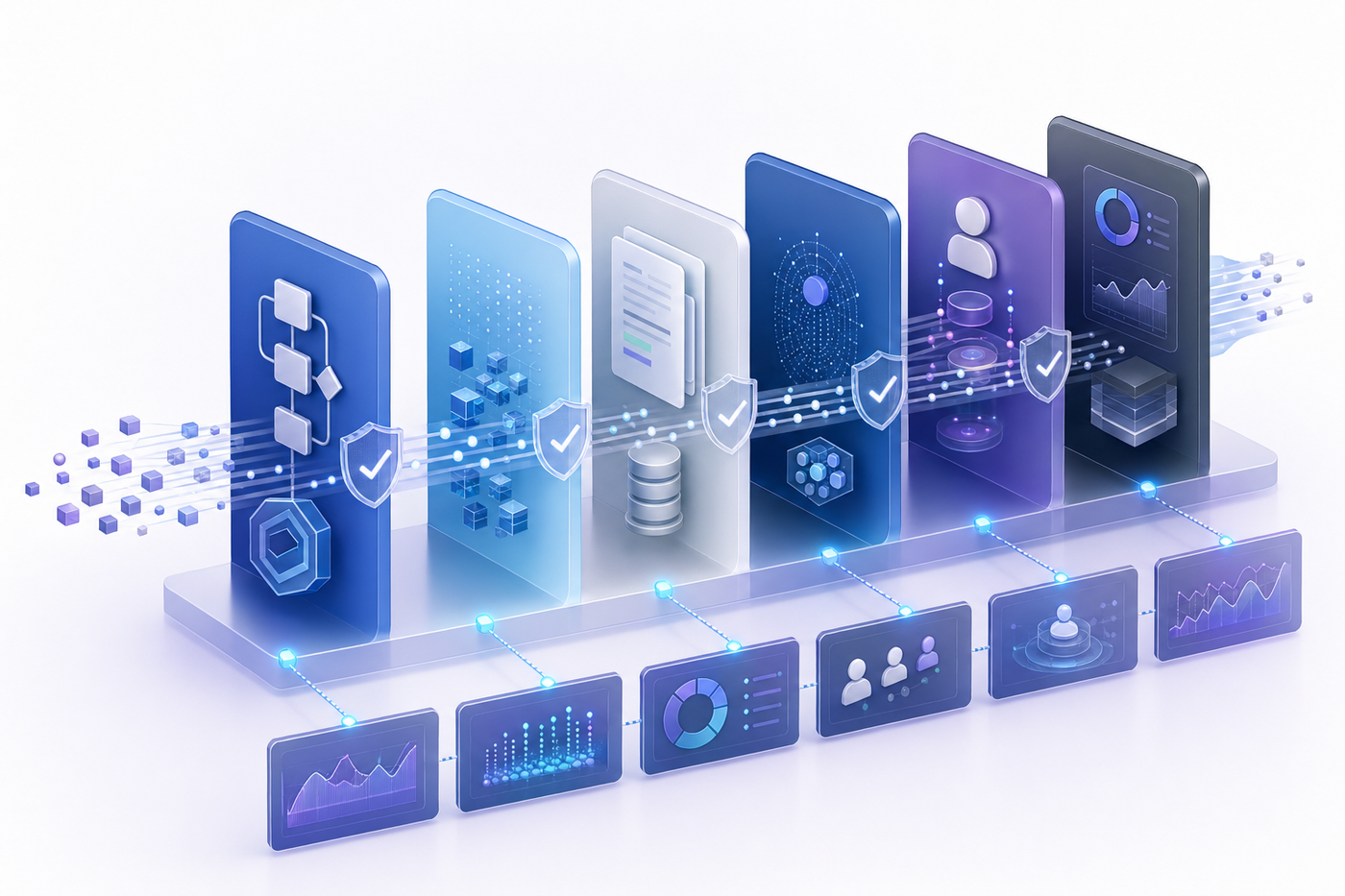A modern, clean illustration showing six interconnected pillars or layers of AI system governance. Each pillar represents a different compliance component: risk management workflows, data validation and quality checks, documentation systems, transparency mechanisms, human oversight controls, and continuous monitoring dashboards. Use a professional color palette with blues, grays, and subtle accent colors. Show data flowing through structured validation gates, with oversight checkpoints and monitoring interfaces. The composition should convey systematic governance, control, and enterprise-grade compliance infrastructure. Abstract, technical, architectural style. No text, words, or letters.