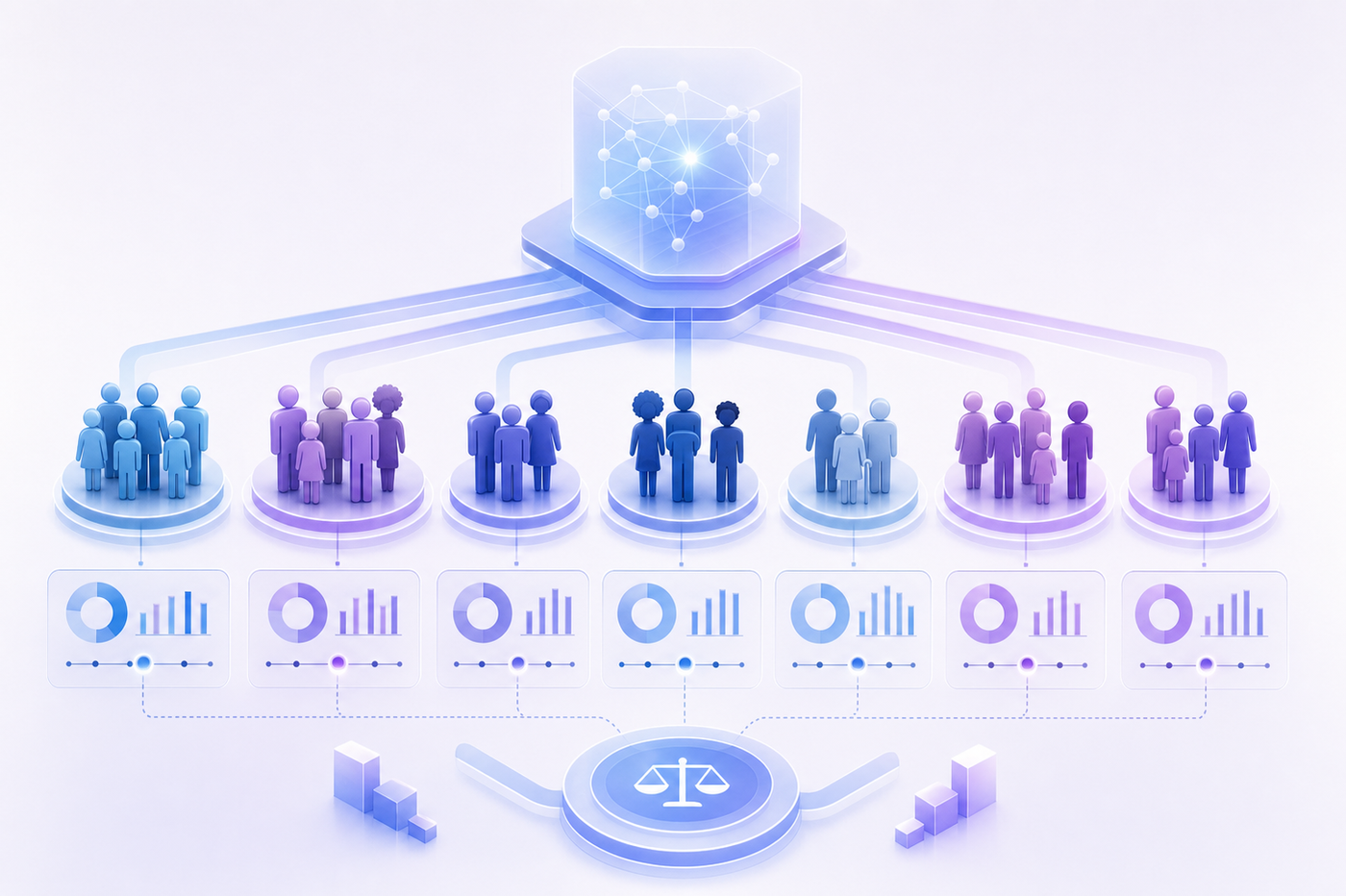 A clean technical diagram showing AI model fairness evaluation across diverse demographic groups. Visual representation of multiple population segments being evaluated by an AI system, with measurement indicators showing equality metrics across different groups. Abstract geometric representation of balanced outcomes and disparity detection. Modern, professional style with blue and purple tones, no text or labels.