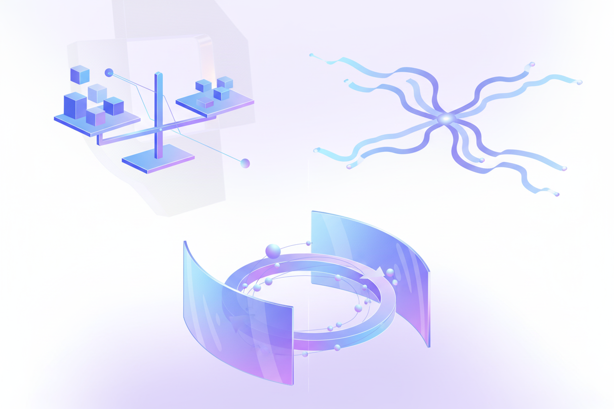 Abstract technical illustration showing AI model evaluation biases: three distinct visual representations of bias patterns - position bias shown as weighted scales or asymmetric positioning, verbosity bias depicted through varying lengths of data streams or content blocks, and self-preference bias illustrated through circular feedback loops or mirror-like structures. Clean, modern, technical aesthetic with blue and purple gradients, geometric shapes, and flowing connections between elements. No text or letters.