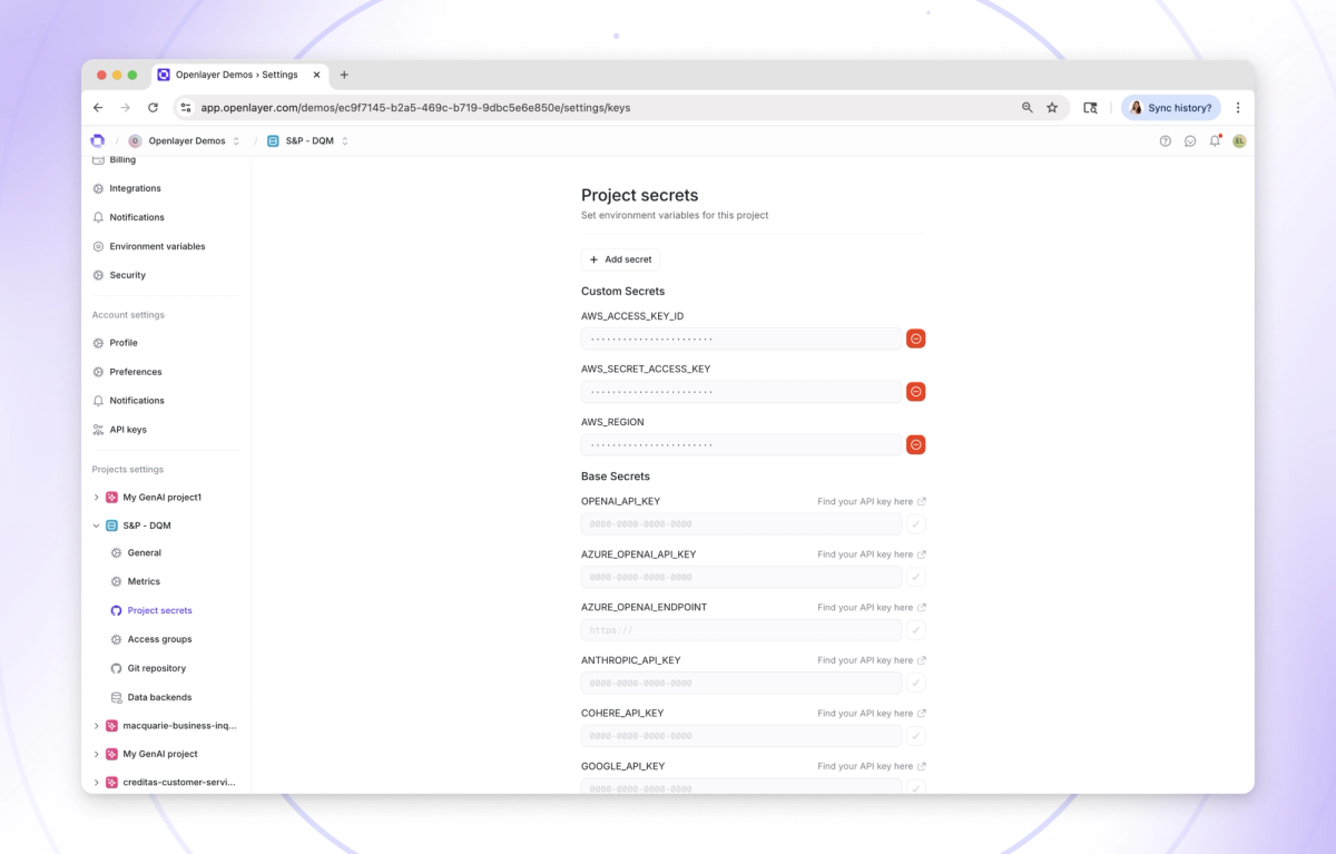 Project-level secrets, tracing LLM requests with OpenTelemetry