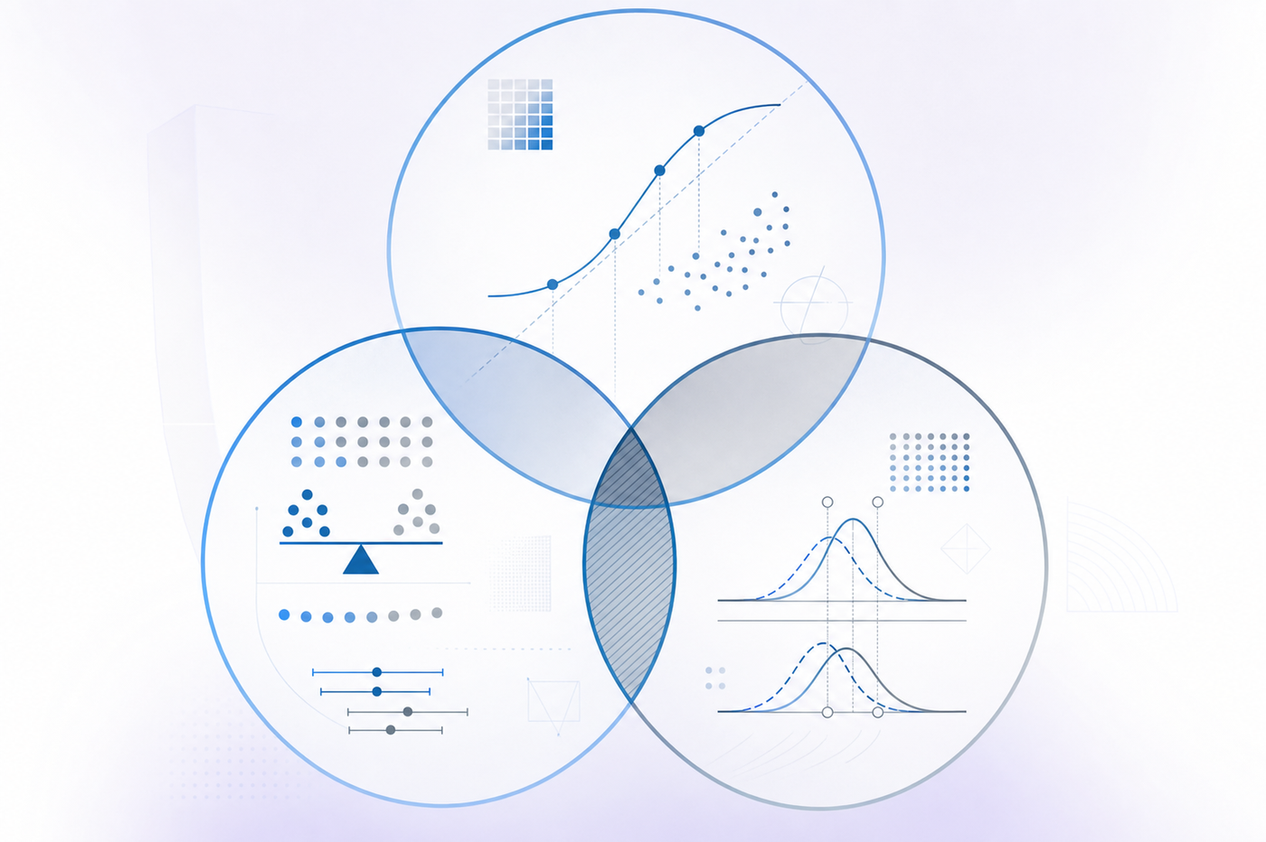 A technical diagram showing three overlapping circles representing fairness metrics in conflict. Each circle contains abstract geometric shapes and mathematical symbols suggesting calibration, demographic parity, and equalized odds. The overlapping areas are shaded to show impossibility of simultaneous satisfaction. Use a clean, professional style with blues, grays, and whites. No text or letters.