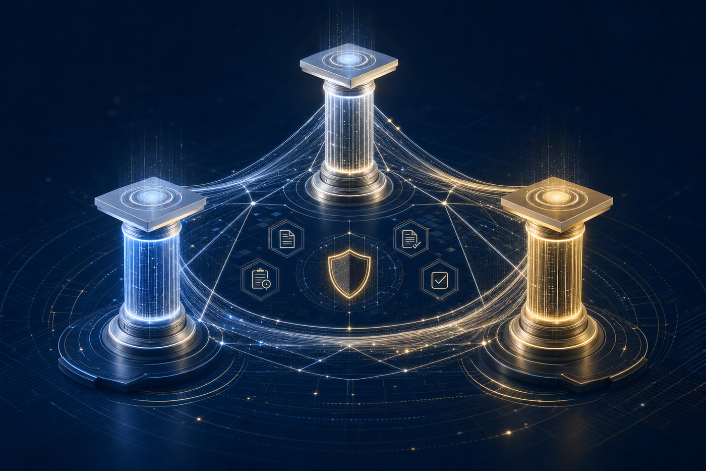 A sophisticated digital visualization showing three interconnected compliance framework pillars arranged in a triangular formation, each represented as a glowing architectural column with abstract geometric patterns. The pillars are connected by flowing data streams and grid lines suggesting regulatory mapping and cross-framework alignment. Deep navy blue background with gold and silver accent colors, subtle circuit-board textures, abstract shield and document icons floating between the pillars. Clean, authoritative, corporate-technical aesthetic with no text or labels.