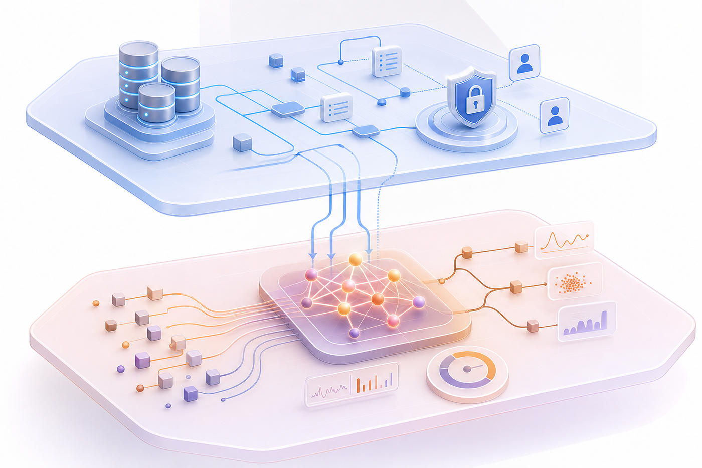 A clean, technical diagram showing two parallel governance layers: one layer representing data governance with structured databases, data lineage flows, and access controls in cool blues and grays; the second layer representing AI governance with neural network nodes, model behavior monitoring, and decision pathways in warmer tones. The layers should be visually distinct but connected, showing how data feeds into AI systems. Modern, professional style with geometric shapes and flowing connections. No text or labels.