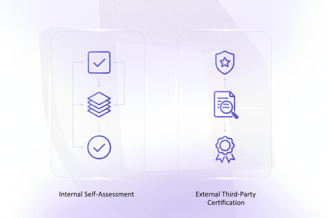 A clean, professional diagram showing two parallel pathways or flowcharts side by side, representing internal self-assessment versus external third-party certification processes. Modern corporate illustration style with blue and purple gradients. Left pathway shows a simplified internal review process with checkmarks and document icons. Right pathway shows an external audit process with official certification symbols and review stages. Minimalist, technical aesthetic suitable for enterprise AI compliance documentation. No text or letters.